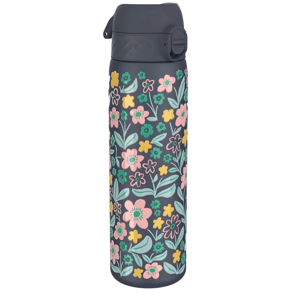 A tall, dark gray water bottle featuring a vibrant floral pattern with pink, yellow, and green flowers stands alone against a white background.