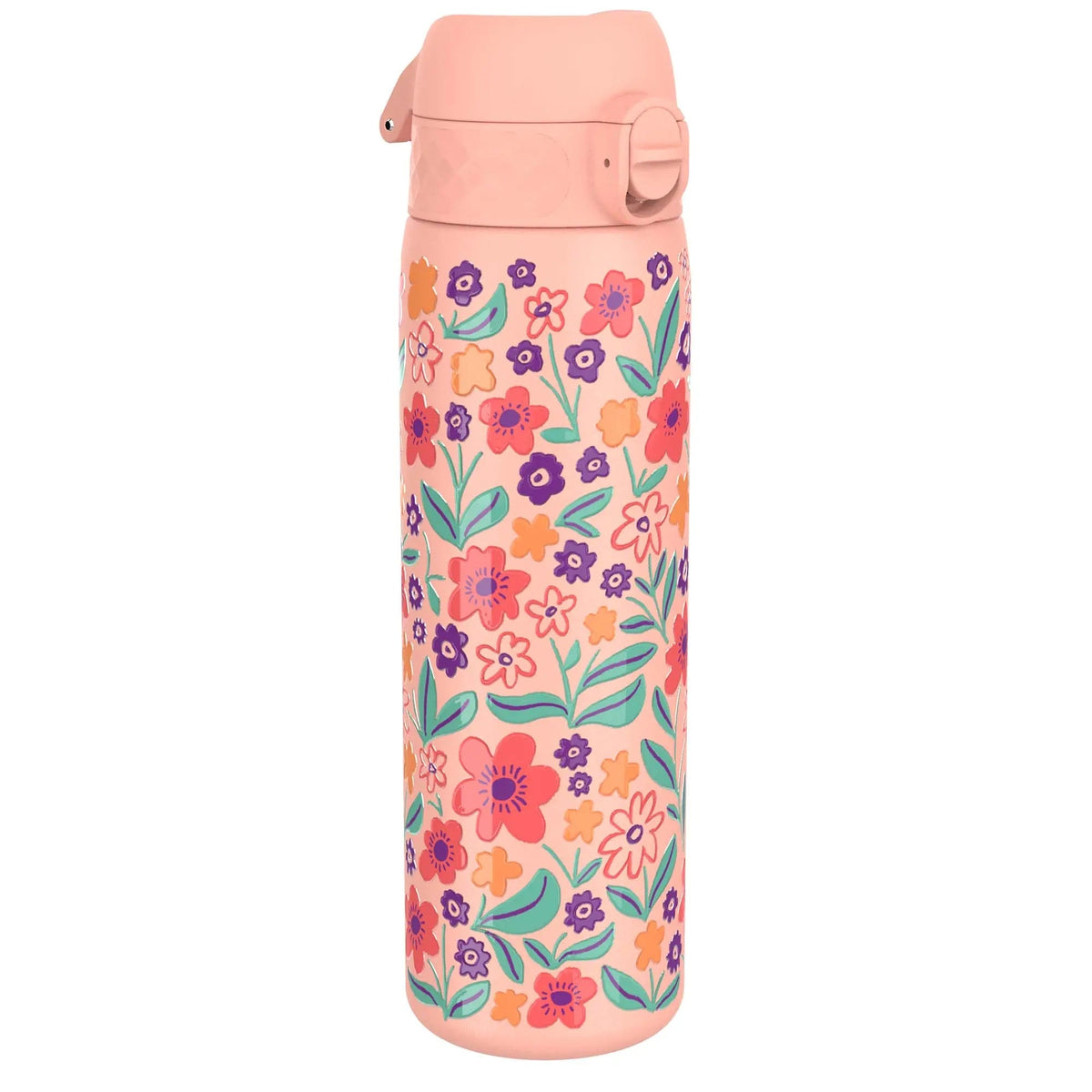 A pink insulated water bottle featuring a vibrant floral pattern with red orange and purple flowers and green leaves against a plain white background.