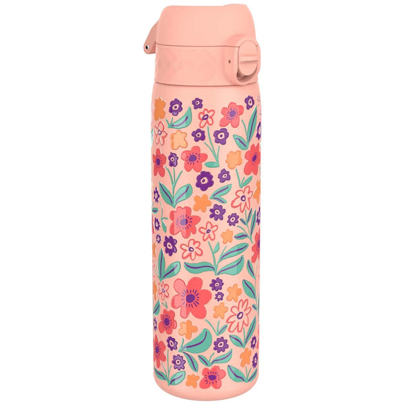 A pink insulated water bottle featuring a vibrant floral pattern with red orange and purple flowers and green leaves against a plain white background.