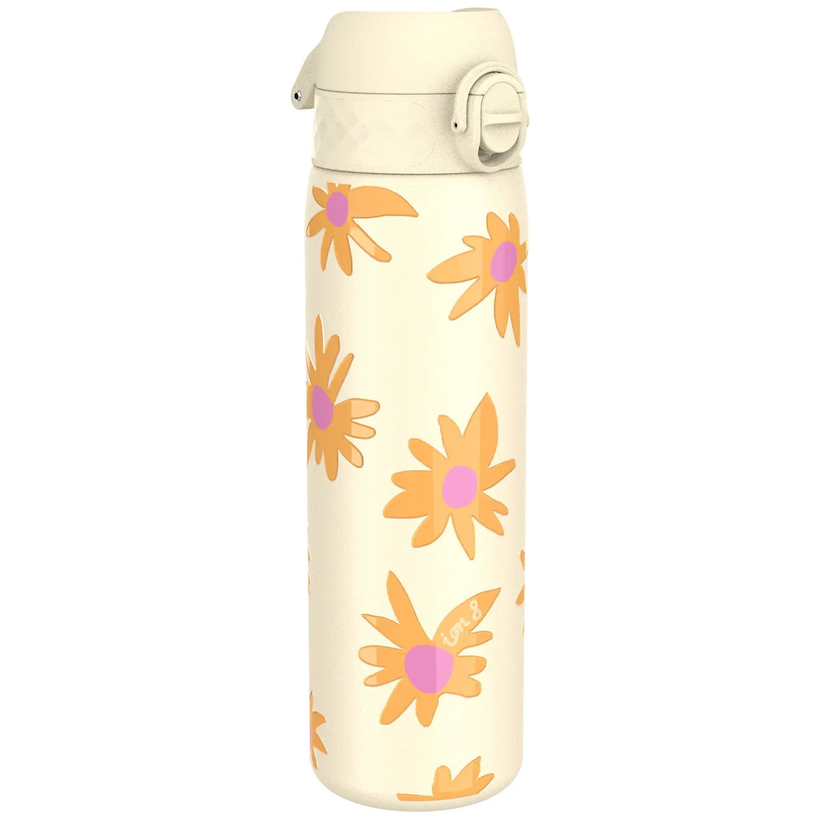 A cream-colored water bottle displays orange and pink flowers scattered across its surface. Its flip-top lid is securely closed. "Ion8" is printed near a flower.