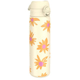 A cream-colored water bottle displays orange and pink flowers scattered across its surface. Its flip-top lid is securely closed. 