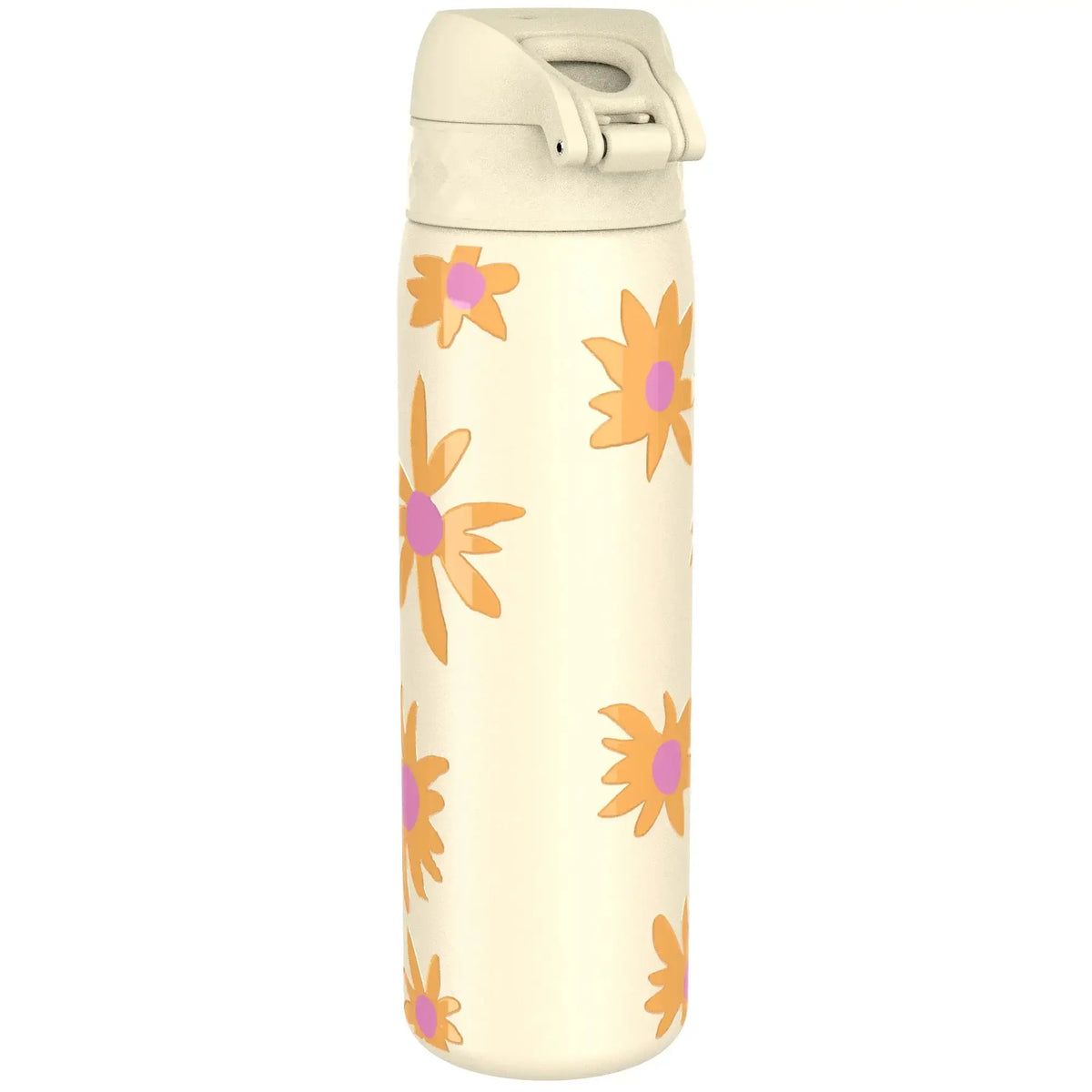 A cream-colored water bottle featuring orange and pink floral designs stands upright against a plain white background.