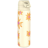 A cream-colored water bottle featuring orange and pink floral designs stands upright against a plain white background.