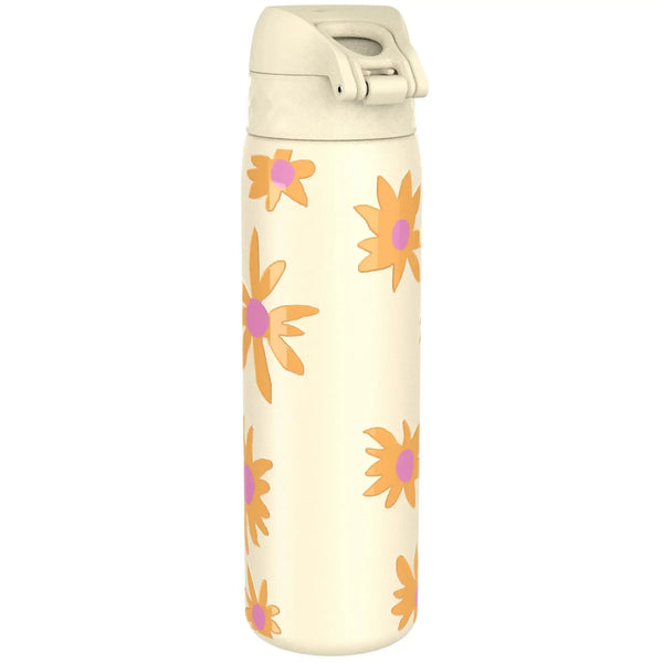 A cream-colored water bottle featuring orange and pink floral designs stands upright against a plain white background.