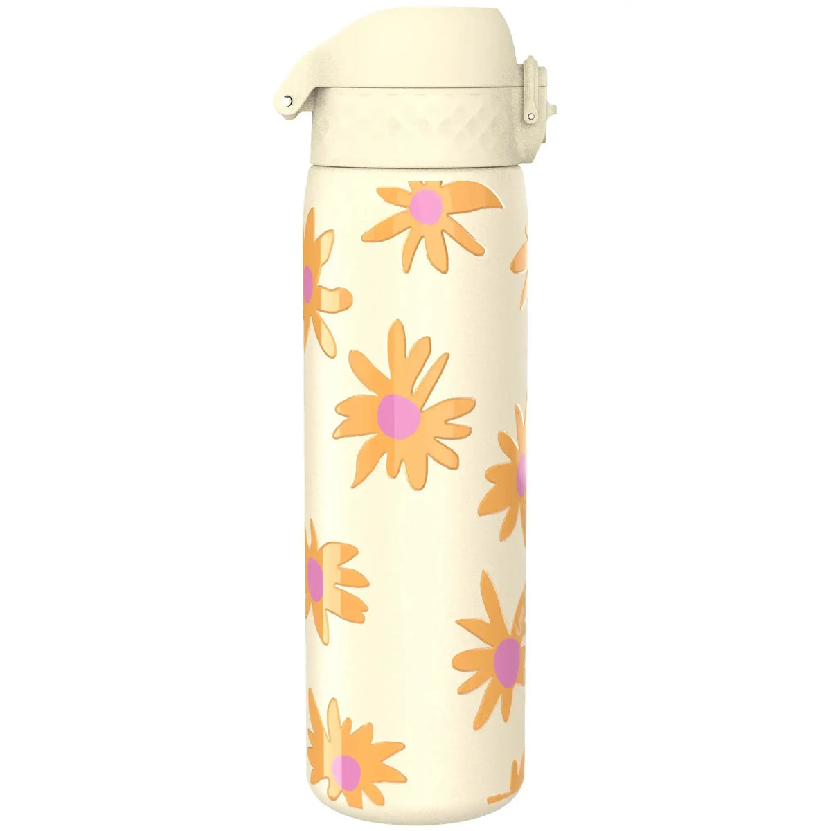 A cylindrical water bottle featuring a flip-top lid displays a pattern of orange and pink flowers against a cream background standing upright on a plain white surface.