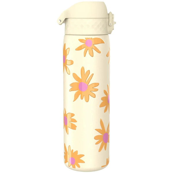 A cylindrical water bottle featuring a flip-top lid displays a pattern of orange and pink flowers against a cream background standing upright on a plain white surface.