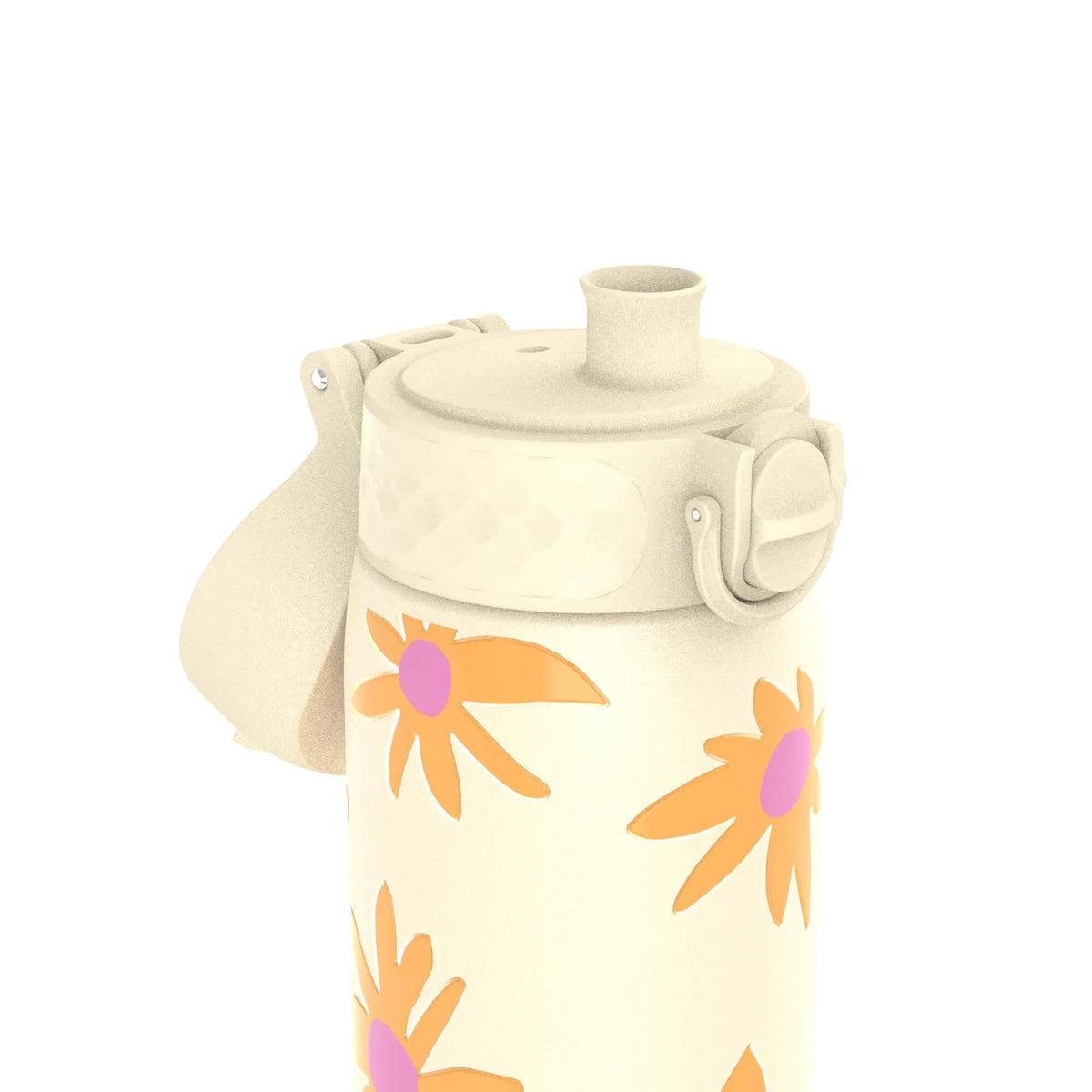 A beige water bottle features a flip lid and is adorned with orange and pink floral designs on its side in a plain white background environment.