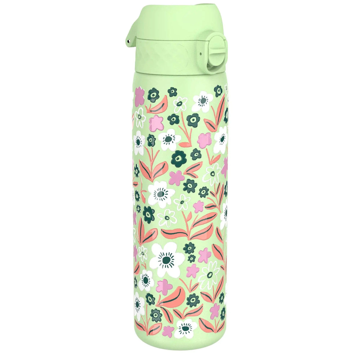 A mint-green water bottle adorned with a vibrant floral pattern of pink, white, and green flowers stands upright against a plain white background.