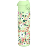 A mint-green water bottle adorned with a vibrant floral pattern of pink, white, and green flowers stands upright against a plain white background.