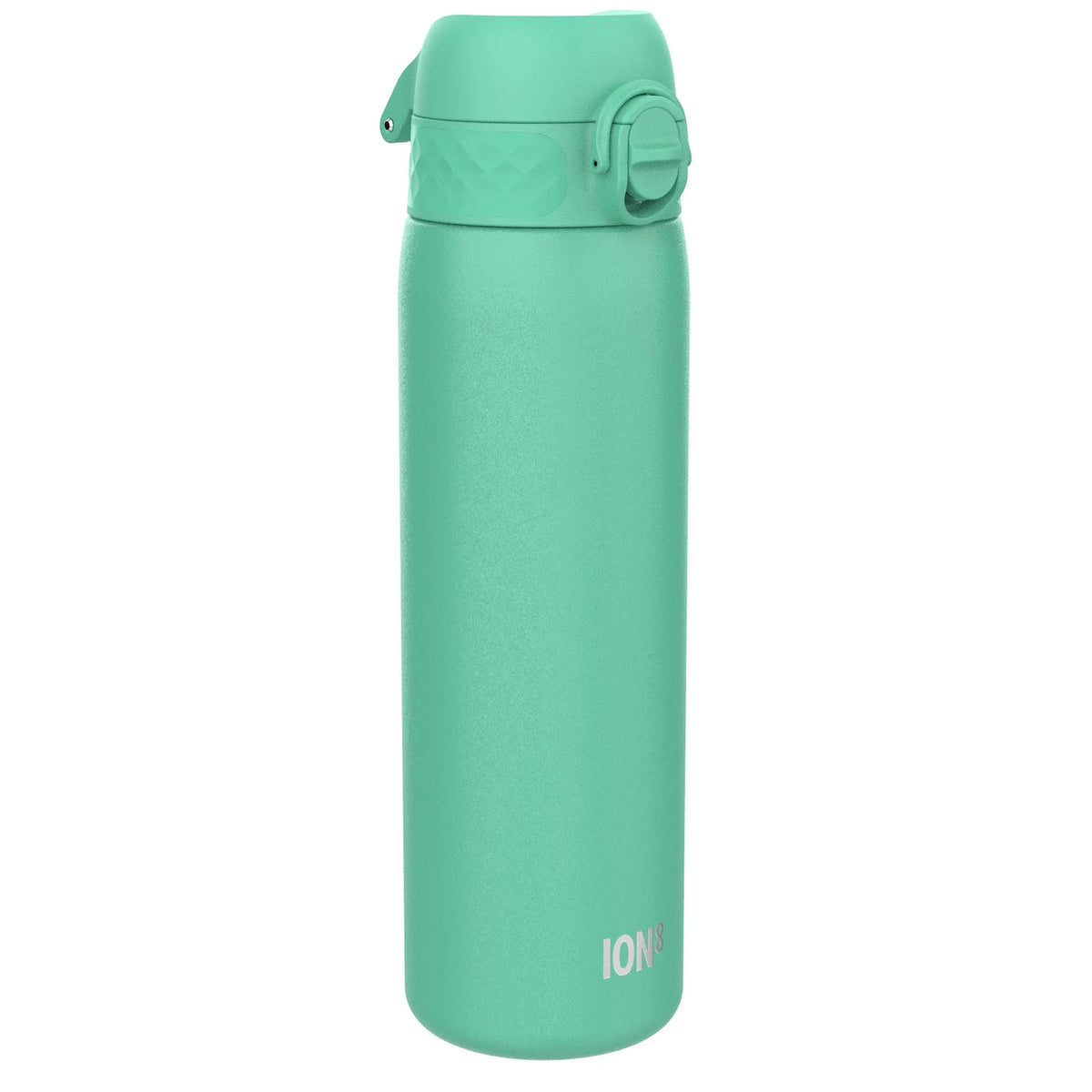 A turquoise water bottle stands upright featuring a flip-top lid with a secure latch in a plain white background environment Text reads ION8 near the base