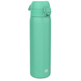 A turquoise water bottle stands upright featuring a flip-top lid with a secure latch in a plain white background environment Text reads ION8 near the base