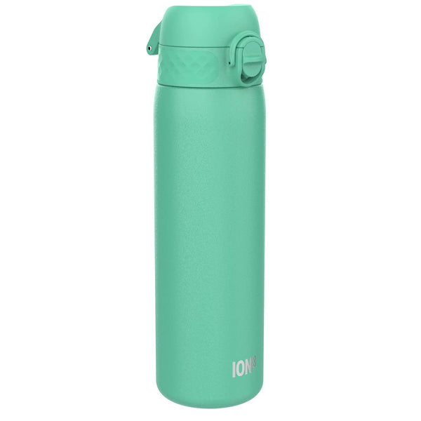 A turquoise water bottle stands upright featuring a flip-top lid with a secure latch in a plain white background environment Text reads ION8 near the base