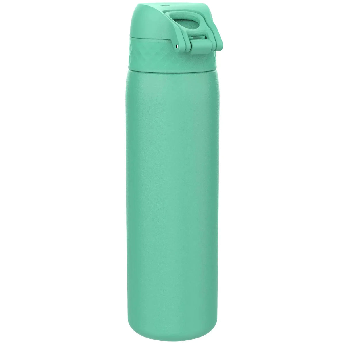 A teal cylindrical water bottle with a flip-top lid standing upright against a plain white background.