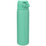 A teal cylindrical water bottle with a flip-top lid standing upright against a plain white background.
