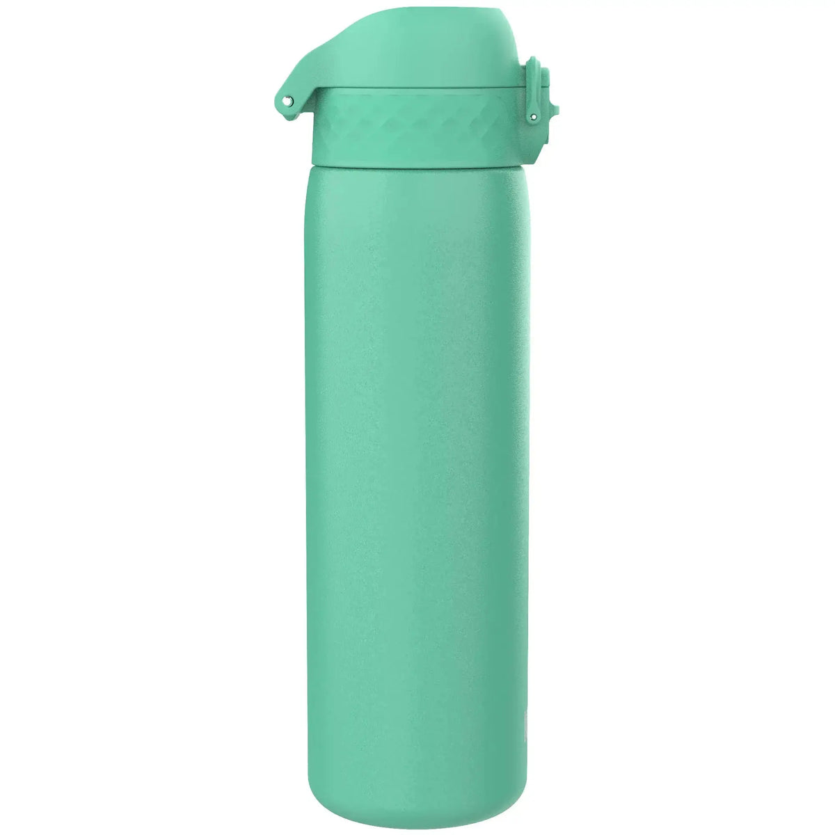A mint green water bottle stands upright with a flip-top lid in a plain white background setting