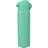 A mint green water bottle stands upright with a flip-top lid in a plain white background setting