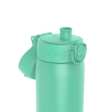 Green water bottle with a flip-open lid stands upright in a plain white background context.