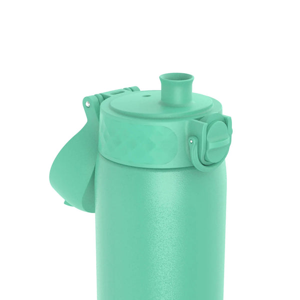 Green water bottle with a flip-open lid stands upright in a plain white background context.