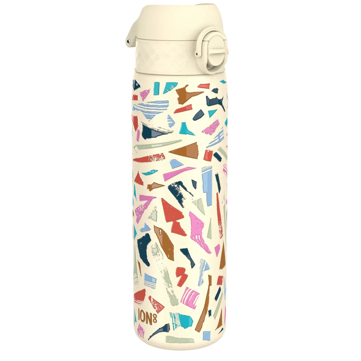 A patterned reusable water bottle stands upright covered in colorful abstract shapes and designs with a secure lid in a plain white background setting. Text reads ION8.