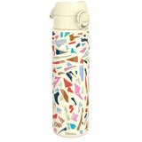 A patterned reusable water bottle stands upright covered in colorful abstract shapes and designs with a secure lid in a plain white background setting. Text reads ION8.