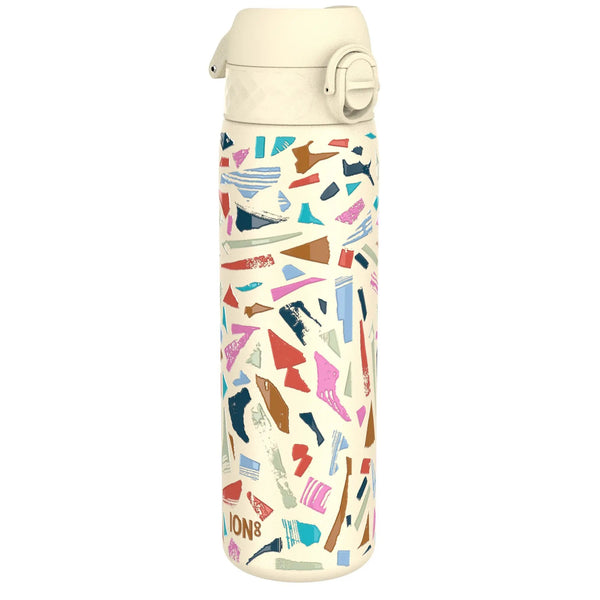 A patterned reusable water bottle stands upright covered in colorful abstract shapes and designs with a secure lid in a plain white background setting. Text reads ION8.