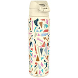 A tall insulated tumbler with a flip-top lid features a colorful abstract pattern of irregular shapes in a range of colors including blue, pink, and brown against a light background.
