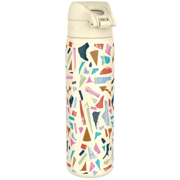 A tall insulated tumbler with a flip-top lid features a colorful abstract pattern of irregular shapes in a range of colors including blue, pink, and brown against a light background.
