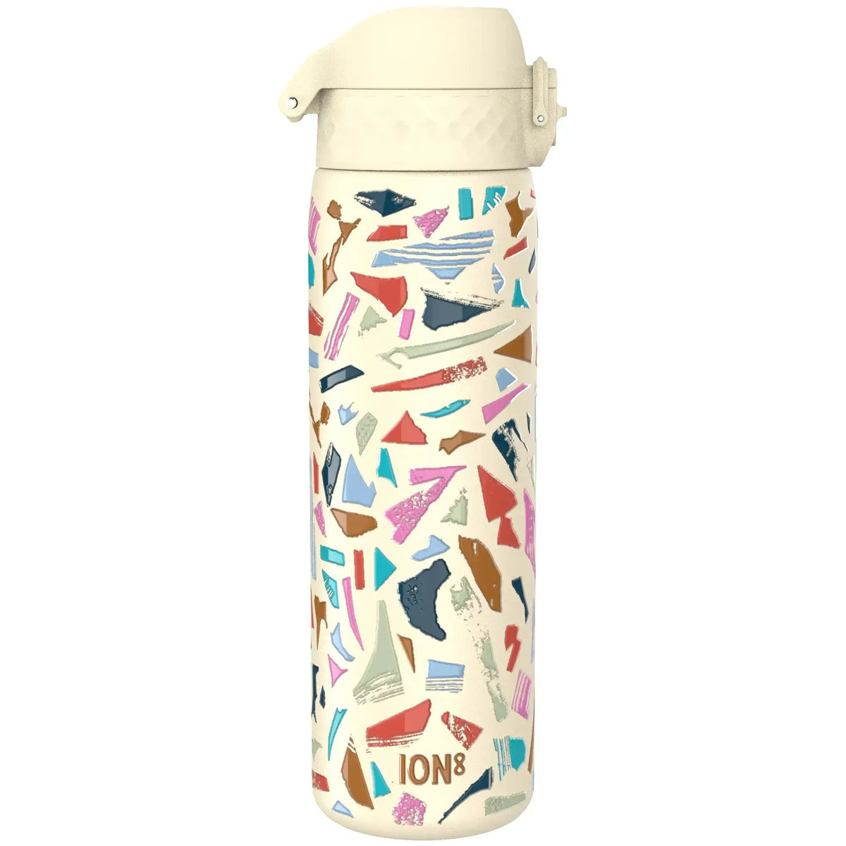 A beige water bottle with a colorful abstract pattern featuring various geometric shapes stands upright. It has a white flip-top lid. Text reads "ION8" at the bottom.