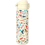 A beige water bottle with a colorful abstract pattern featuring various geometric shapes stands upright. It has a white flip-top lid. Text reads 