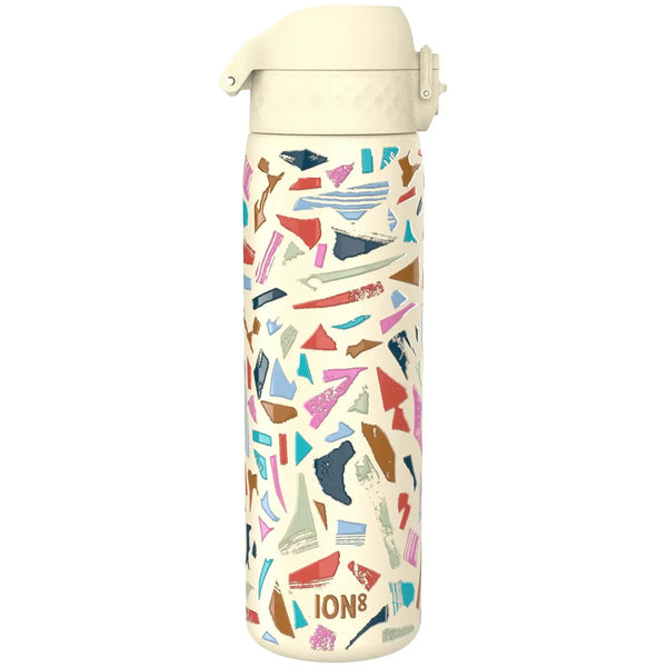 A beige water bottle with a colorful abstract pattern featuring various geometric shapes stands upright. It has a white flip-top lid. Text reads "ION8" at the bottom.