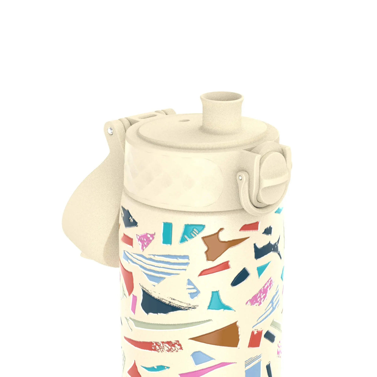 A water bottle with a cream-colored lid and spout displays a colorful abstract pattern featuring various geometric shapes against a plain white background.
