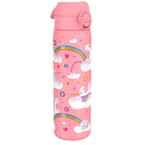 A pink water bottle featuring unicorns on clouds and rainbows surrounding it text reading 