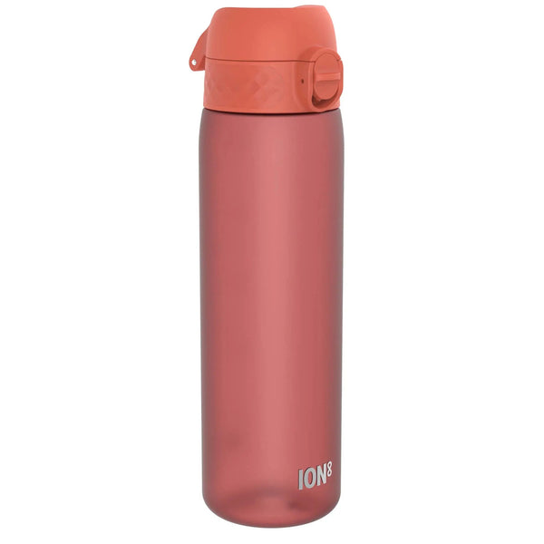 A red reusable water bottle stands vertically displaying "ION8" text at the bottom in a plain white background. It features a flip-top lid and a textured grip section.