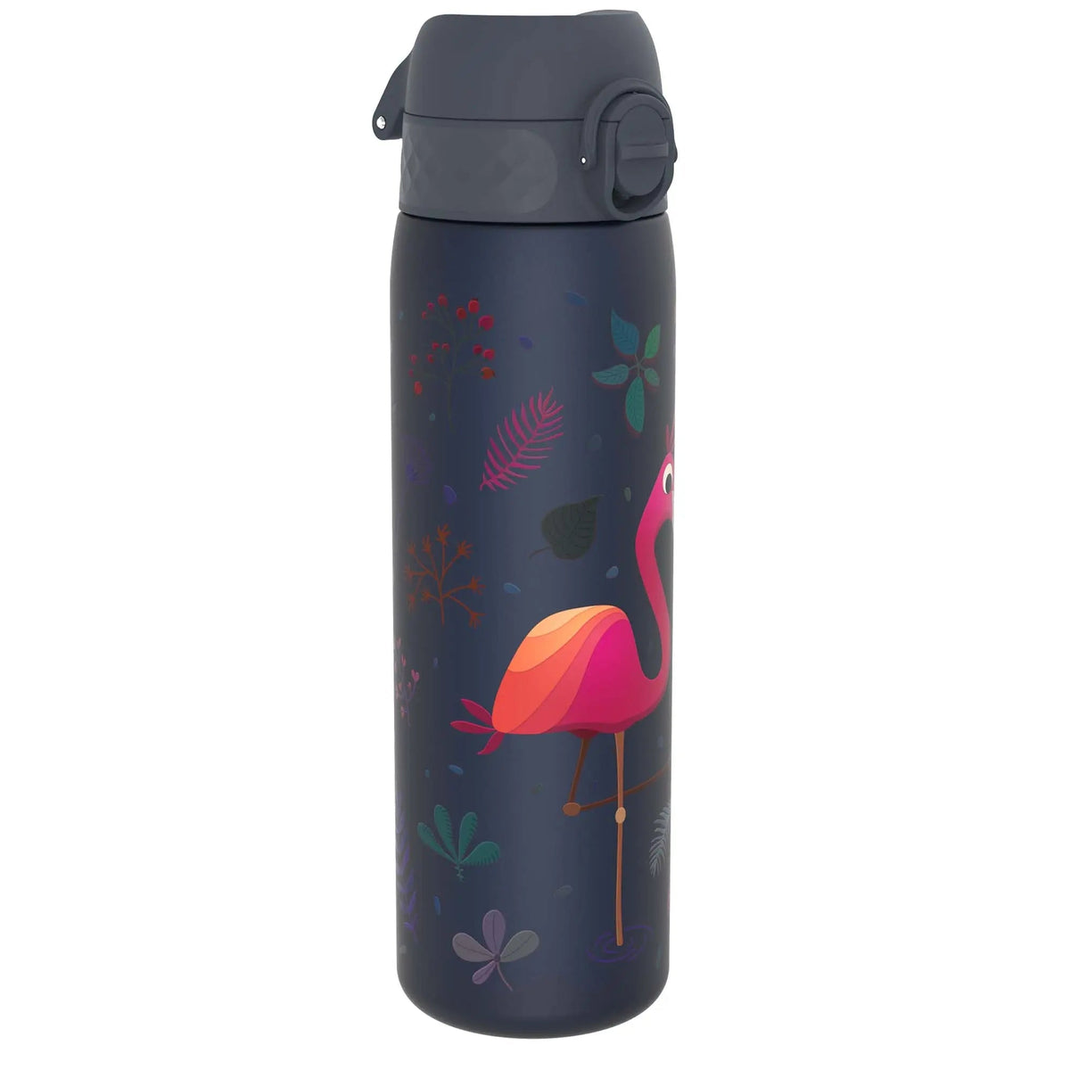 A dark blue water bottle featuring a pink flamingo design among colorful leaves and plants standing on one leg with a grey flip lid.