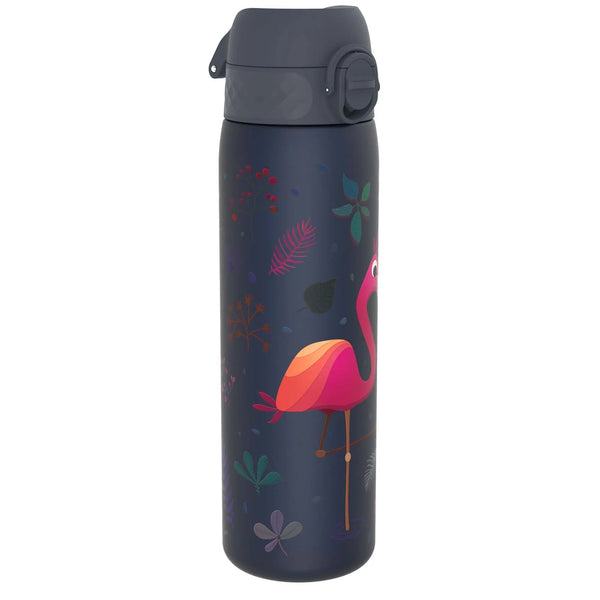 A dark blue water bottle featuring a pink flamingo design among colorful leaves and plants standing on one leg with a grey flip lid.