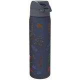 A dark blue water bottle featuring a flip-top lid and colorful leaf patterns standing upright against a plain backdrop Text reads ION8