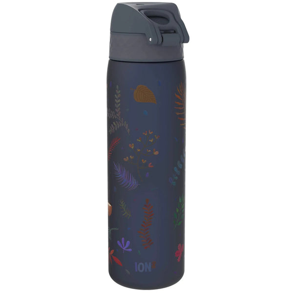 A dark blue water bottle featuring a flip-top lid and colorful leaf patterns standing upright against a plain backdrop Text reads ION8