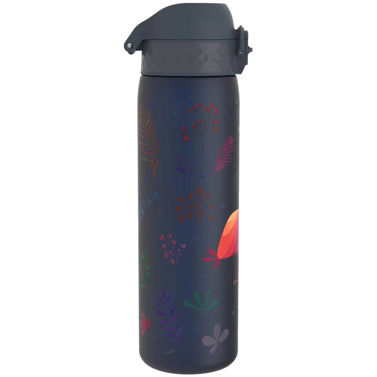 A dark-colored thermos stands upright featuring a floral pattern with colorful leaves and plants on its body situated against a plain white background.