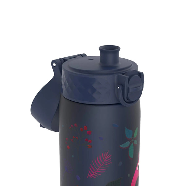 A dark blue water bottle standing upright with a closed spout and a side flip lid surrounded by colorful leaf and berry designs against a white background.