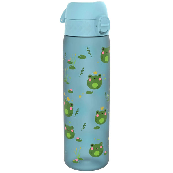 A light blue water bottle features cartoon frogs with crowns and lily pads across its surface in a playful design.