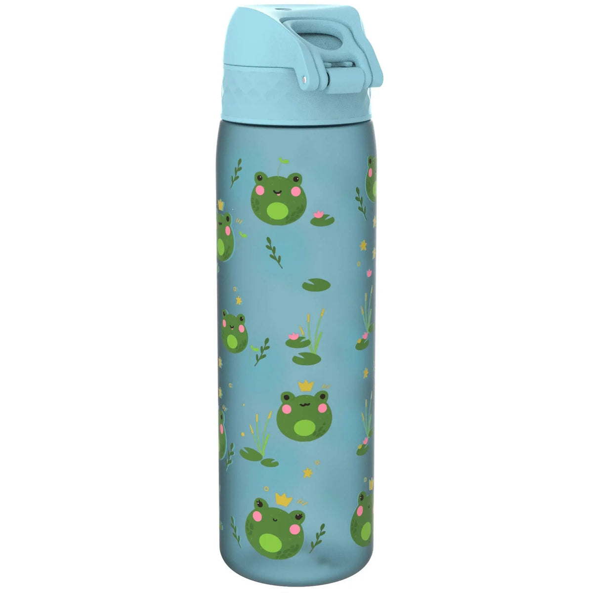 A blue water bottle displaying cartoon frog designs wearing crowns in various poses surrounded by lily pads and small aquatic plants.