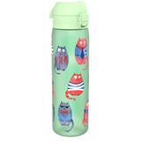 A green water bottle decorated with colorful cartoon cats wearing hats, ties, and sweaters, standing against a plain white background.