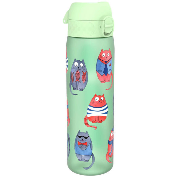 A green water bottle decorated with colorful cartoon cats wearing hats, ties, and sweaters, standing against a plain white background.