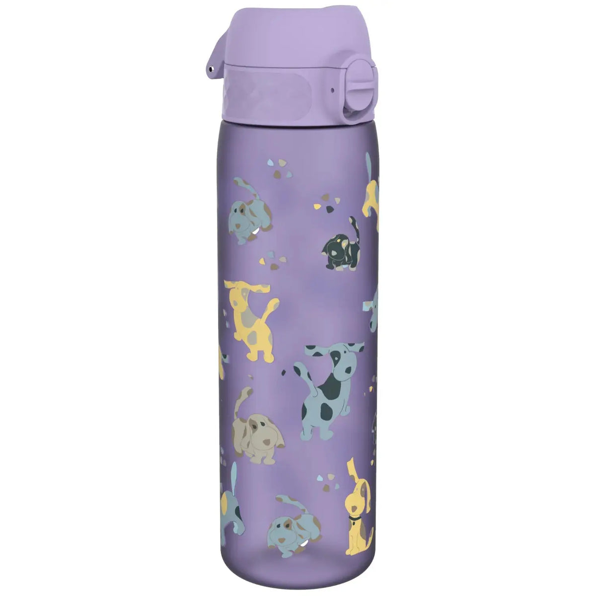 A lavender water bottle decorated with playful cartoon puppies in various colors scattered across its surface set against a plain backdrop.