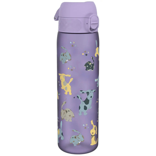 A lavender water bottle decorated with playful cartoon puppies in various colors scattered across its surface set against a plain backdrop.