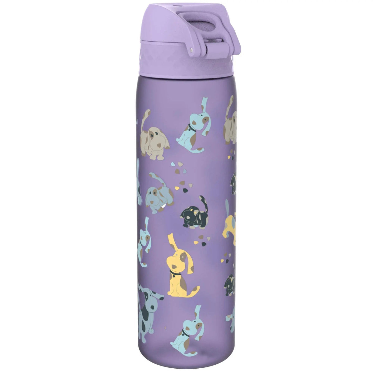A purple water bottle featuring illustrations of playful, colorful cartoon dogs scattered across its surface, with a flip-top lid design, sitting against a plain white background.
