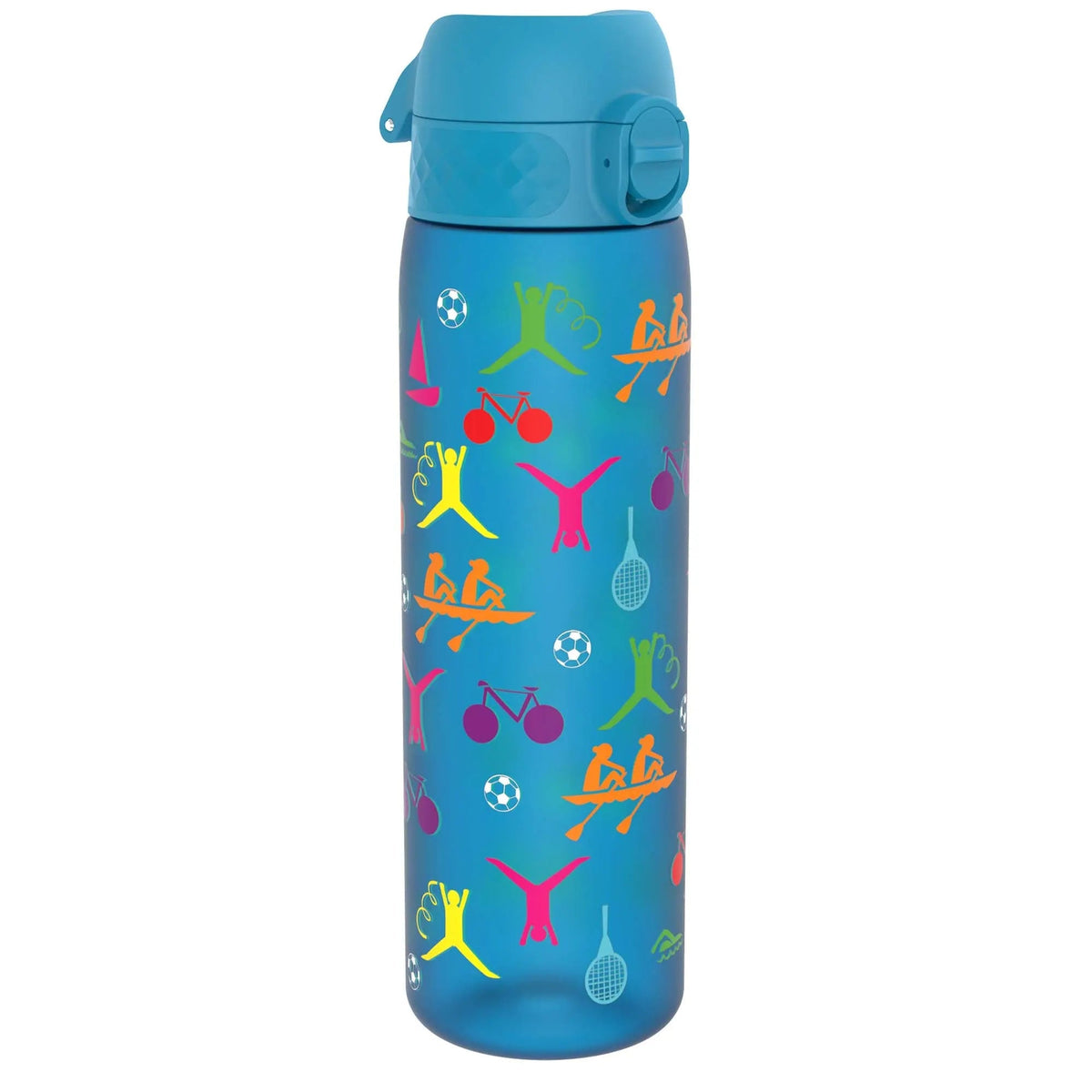 A blue water bottle features colorful sports icons depicting activities like cycling, soccer, gymnastics, and kayaking set against a plain background.