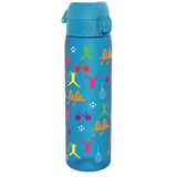 A blue water bottle features colorful sports icons depicting activities like cycling, soccer, gymnastics, and kayaking set against a plain background.