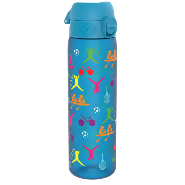 A blue water bottle features colorful sports icons depicting activities like cycling, soccer, gymnastics, and kayaking set against a plain background.