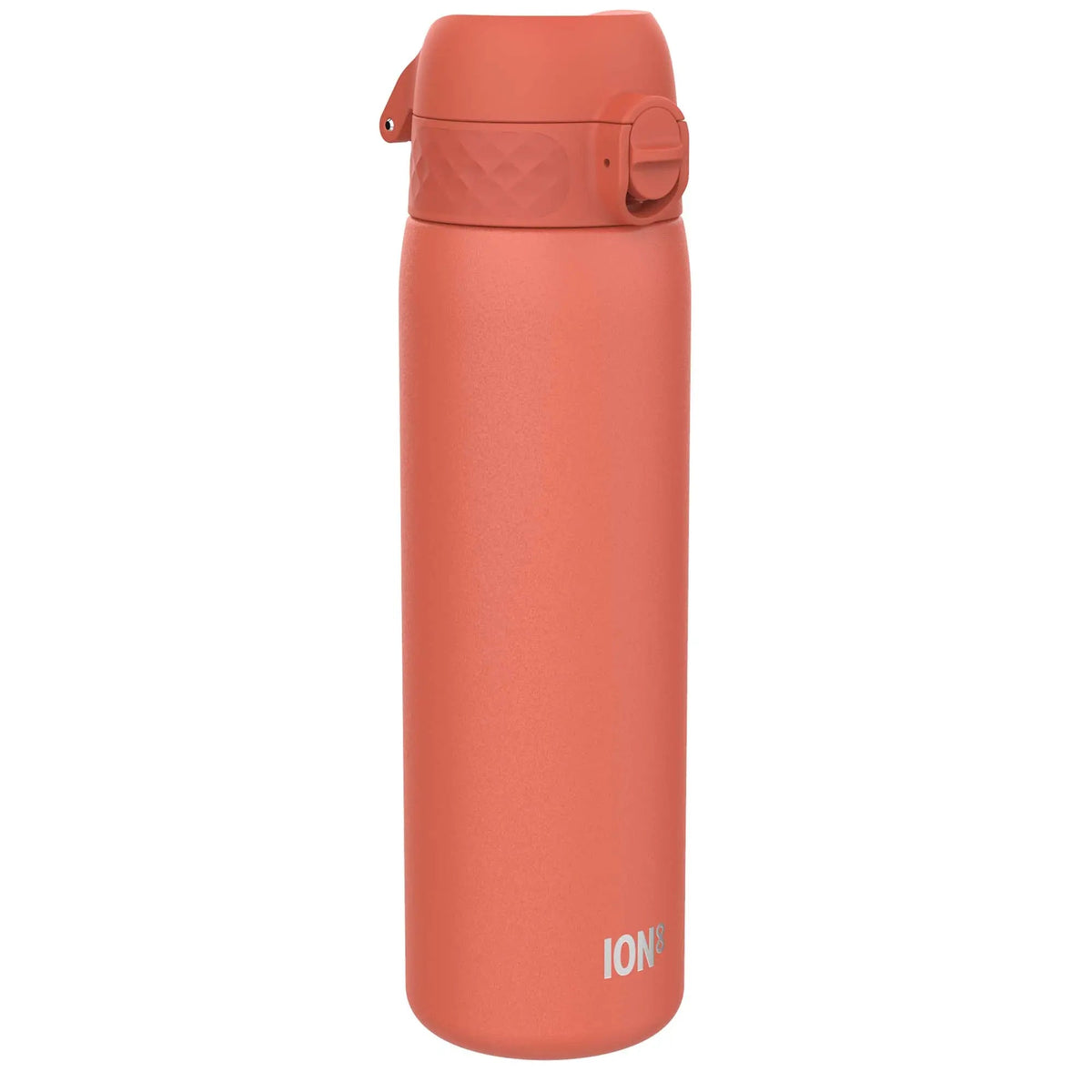 A coral-colored water bottle stands upright with a secure lid and latch feature ION8 logo near the base on a plain white background